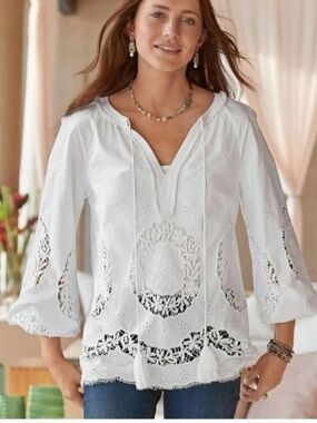Sundance Princesa White Eyelet Tie Neck Coastal Boho Tunic Top Size Medium